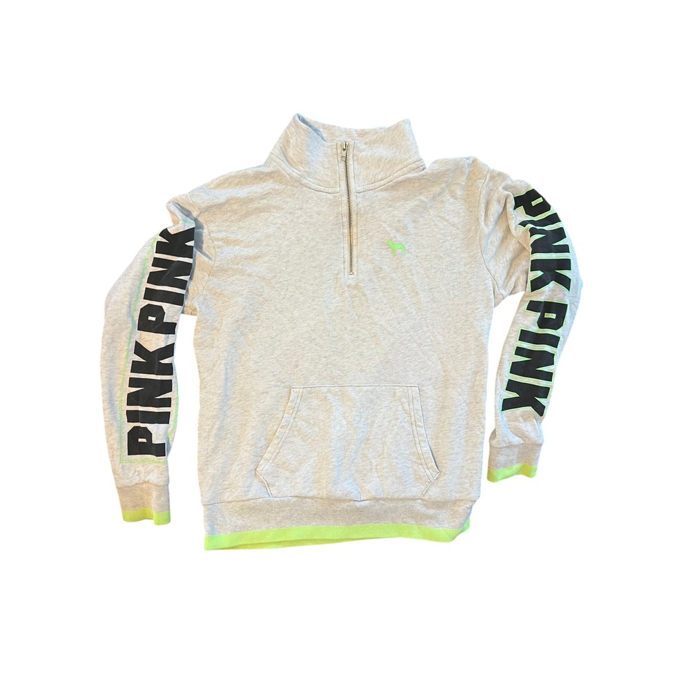 PINK by Victoria's Secret‎ Gray Quarter Zip Sweatshirt XS Neon Trim